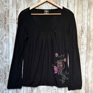 Roxy Long Sleeve Top Women's sz Large Black Scoop Neck Pleats Elastic Cuffs Surf